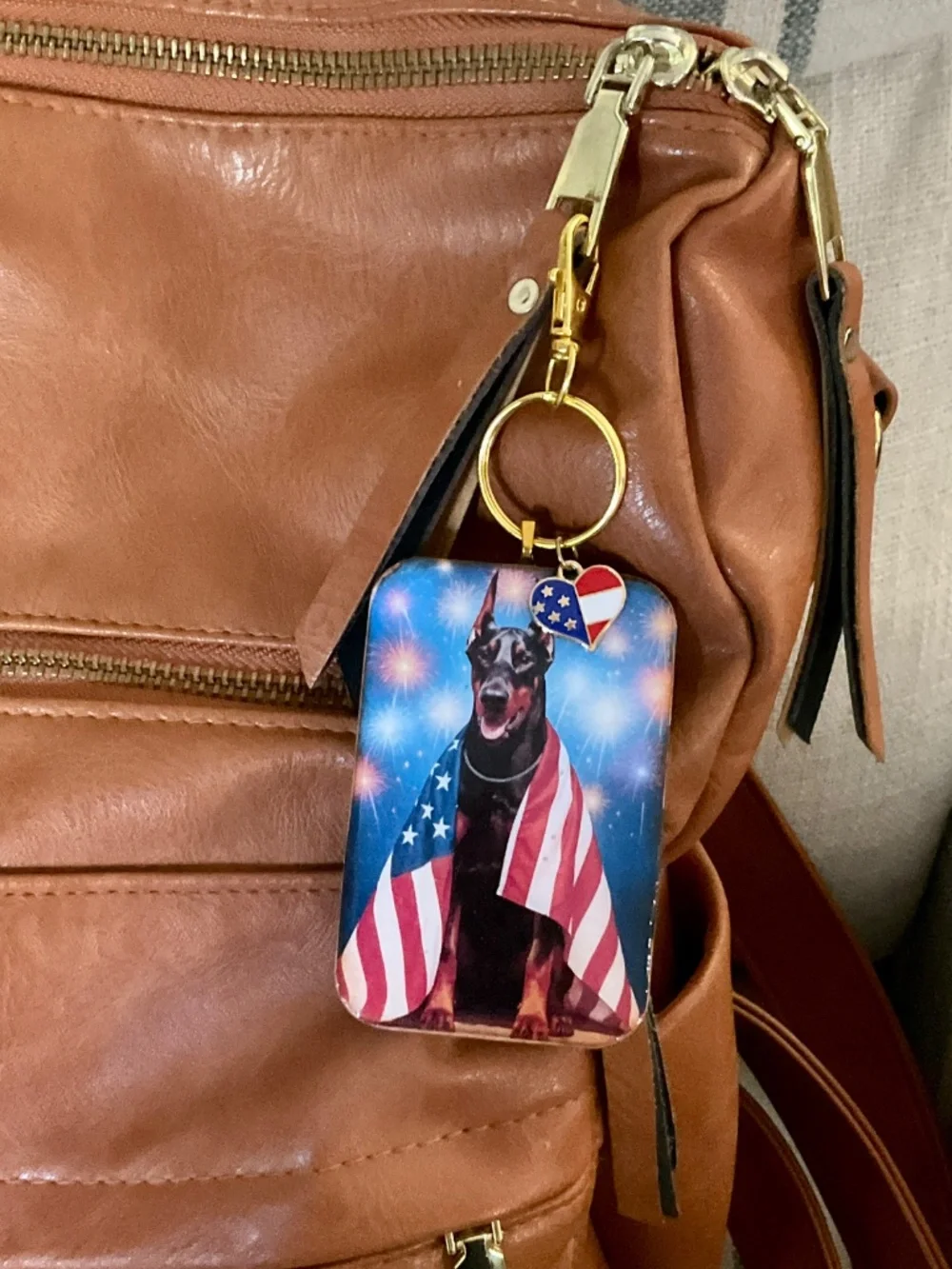 Doberman Pinscher cropped ears Patriotic American Flag keyring / purse charm